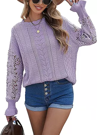 Amazon.com: Women Lace Hollow Out Crochet Batwing Long Sleeve Crewneck Sweaters Winter Knit Pullover Jumper Tops : Clothing, Shoes & Jewelry