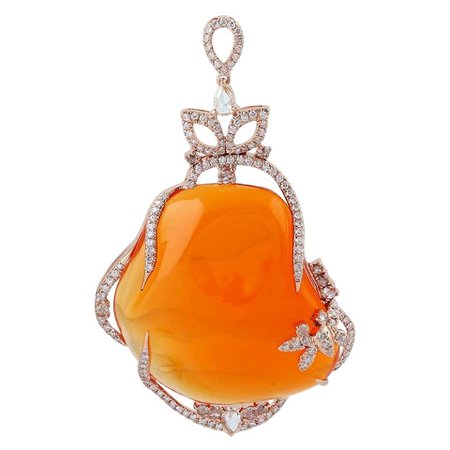 54.64 Carat Mexican Fire Opal Diamond 18 Karat Gold Pendant Necklace For Sale at 1stDibs
