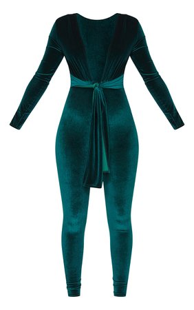 Emerald Green Velvet Deep Plunge Tie Waist Jumpsuit | PrettyLittleThing USA