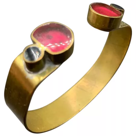 Unusual Artisan cuff bracelet Mid Century Modern MCM brass and poured : Lorenzo's Vintage | Ruby Lane