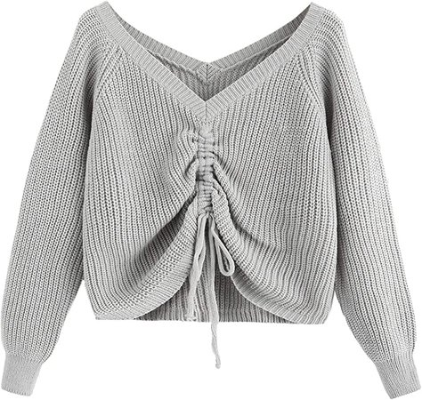 MakeMeChic Women's Drawstring Knot Casual V Neck Pullover Sweater Crop Top at Amazon Women’s Clothing store
