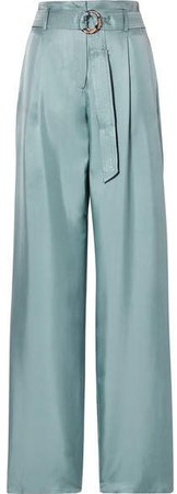 Belted Silk-satin Twill Wide-leg Pants - Gray green