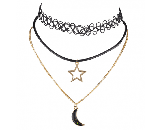 Black Tatto Star Moon Pendant Collar Choker Necklace Chain Set