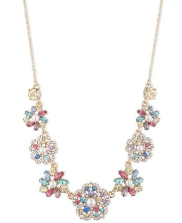 Marchesa Gold-Tone Crystal & Imitation Pearl Flower Statement Necklace, 16" + 3" extender - Macy's