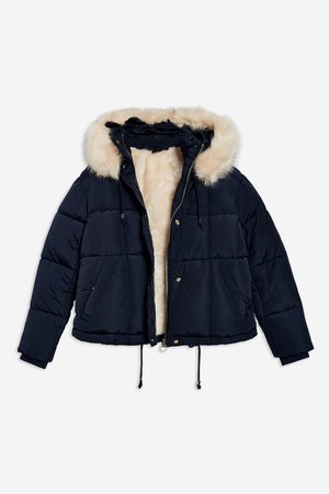 Navy Faux Fur Quilted Puffer Jacket - Clothing- Topshop USA