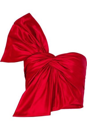 Reem Acra - One-shoulder Bow-embellished Silk-satin Bustier Top - Red