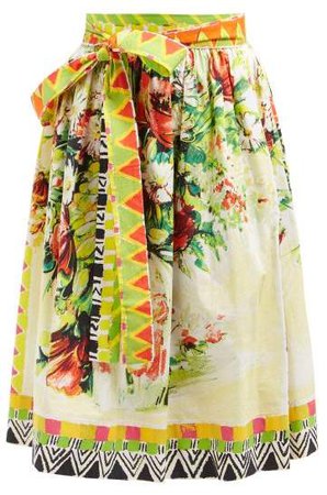 Floral Print Cotton Poplin Midi Skirt - Womens - Yellow Multi