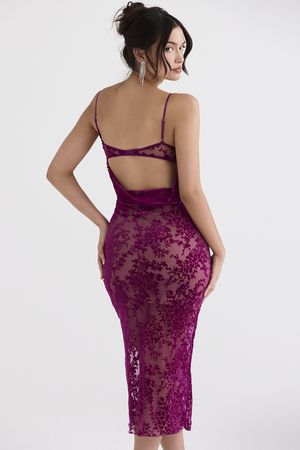 Clothing : Midi Dresses : 'Ione' Cranberry Devore Midi Dress