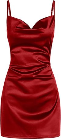 Amazon.com: ZAFUL Womens Sexy Sleveless Spaghetti Strap Sheeny Draped Slip Cocktail Open Back Satin Silky Party Cami Mini Dress(Red, S) : Clothing, Shoes & Jewelry