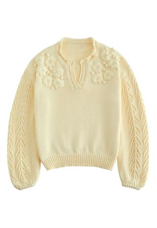 Blooming Passion Floral Stitch V-Neck Knit Sweater in Yellow - Retro, Indie and Unique Fashion