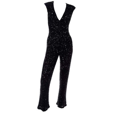 1970s Vintage Black Beaded Jumpsuit With Kick Flare Hem and Sequins For Sale at 1stDibs