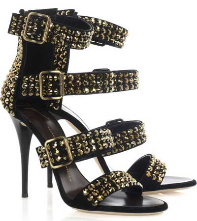 Giuseppe Zanotti's gold crystal-studded black leather sandals > Shoeperwoman