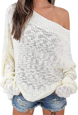 Exlura Women's Off Shoulder Sweater Batwing Sleeve Loose Oversized Pullover Knit Jumper - Light Orange, XS/S (0/2/4) at Amazon Women’s Clothing store