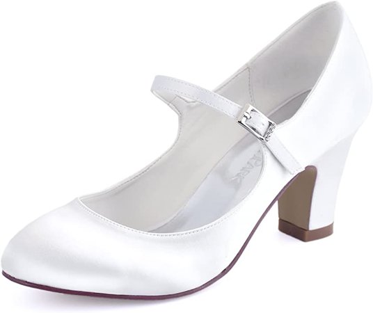 Amazon.com | ElegantPark HC1801 Wedding Shoes for Bride Closed Toe Bridal Shoes Women Block Heels Pumps Buckle Satin Wedding Shoes Ivory US 8 | Pumps