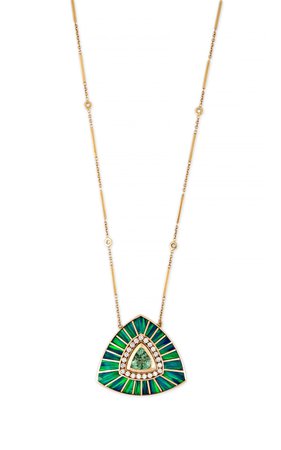 14K Yellow Gold Large Green Tourmaline and Opal Inlay Vortex Necklace by Jacquie Aiche | Moda Operandi