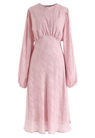 Slanted Lines Puff Sleeves Midi Dress in Pink - NEW ARRIVALS - Retro, Indie and Unique Fashion
