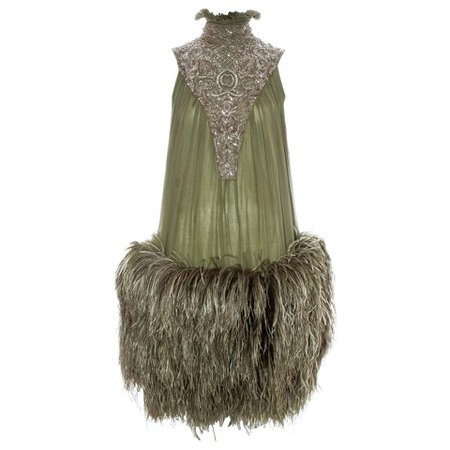 Alexander McQueen, green silk chiffon and ostrich feather evening dress