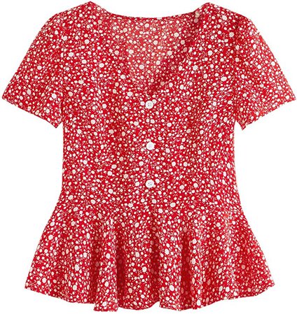Romwe Women's Casual Floral Print Short Sleeve Button Up Ruffle Top Peplum Blouse Red S at Amazon Women’s Clothing store