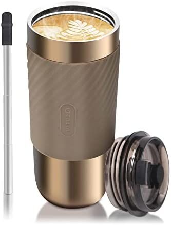 Amazon.com: Coffee Mug with Straw, 17.5Oz Reusable Coffee Cup, 9 Hours Keeps Hot/Iced Beverage, Sweat Proof, Insulated Coffee Mug for Travel / Office / Camping ( Gold ) : Home & Kitchen