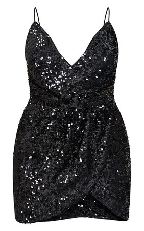 Petite Black Sequin Wrap Front Bodycon Dress | PrettyLittleThing USA