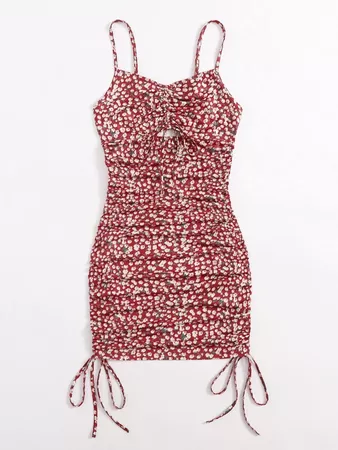 Cut Out Drawstring Knot Front Ditsy Floral Slip Dress | SHEIN USA red