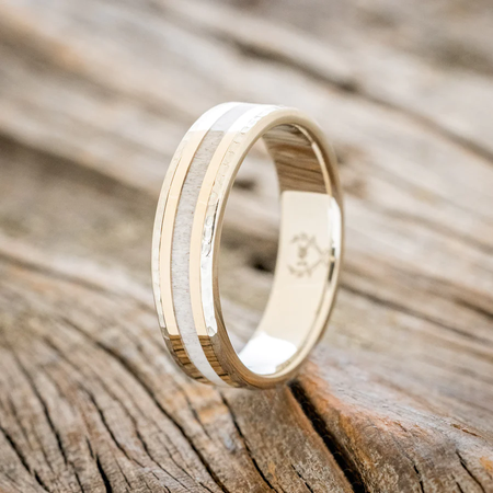 HOLLIS" - ANTLER & 14K YELLOW GOLD INLAYS WEDDING RING WITH A HAMMERED FINISH
