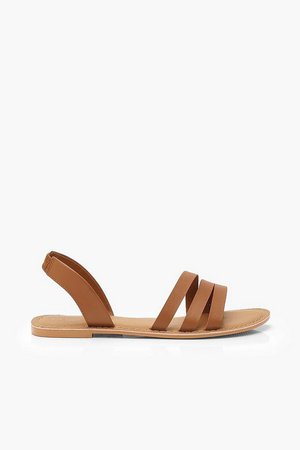 Wide Fit Leather 3 Strap Sandals | boohoo brown