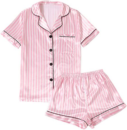 LYANER Women's Striped Silky Satin Pajamas Short Sleeve Top with Shorts Sleepwear PJ Set Pink Small : Clothing, Shoes & Jewelry