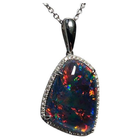 Black Australian Opal Diamond Necklace 18 Karat White Gold For Sale at 1stDibs