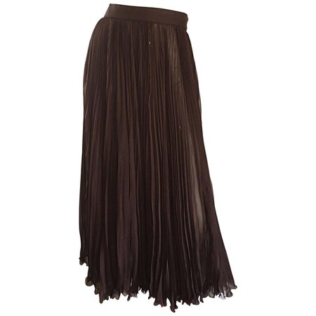 Exceptional Vintage Valentino Chocolate Brown Silk Chiffon Pleated Midi Skirt