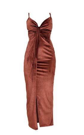 Chocolate Velvet Strappy Knot Detail Midaxi Dress | PrettyLittleThing USA