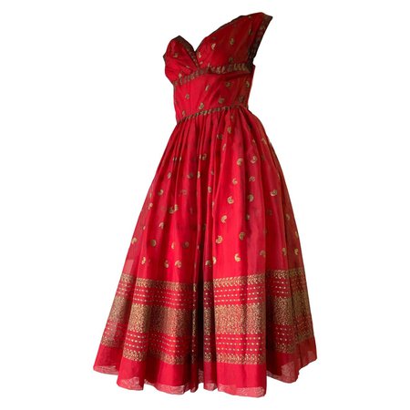 1950 Fred Perlberg Crimson Indian-Inspired Dancing Dress W/ Full Skirt For Sale at 1stDibs