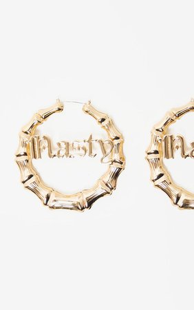 Gold Nasty Slogan Large Bamboo Hoops | PrettyLittleThing AUS