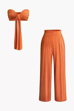Tie Knot Front Ruched Tube Top And Pleated Wide Leg Pants – Micas