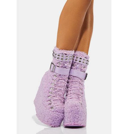 Sugar Thrillz Sherpa Wedge Platform Boots - Light Purple | Dolls Kill