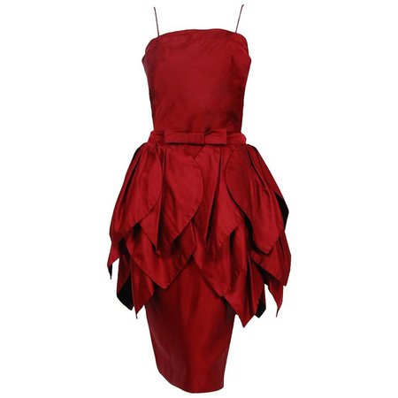 1950's Ceil Chapman Merlot Red Silk Tiered Petal Detachable-Skirt Cocktail Dress For Sale at 1stdibs