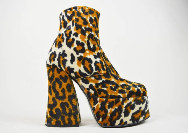 90s Fuzzy Leopard Print Curvy Heel Chunky Platform Ankle Boots | Etsy
