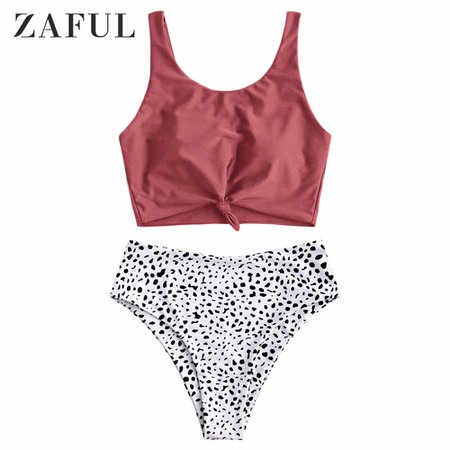 ZAFUL Cherry Red Women Knot Dalmatian Print High Waisted Tankini Swimsuit Removable Padded Tank Top Swimwear Scoop Neck Cute|Bikini Set| - AliExpress