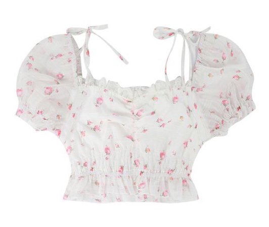 white ruffle top with pink floral print