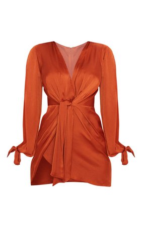 Rust Satin Twist Front Open Sleeve Dress | PrettyLittleThing USA