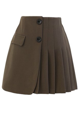 Buttoned Flap Pleated Mini Skirt in Olive - Retro, Indie and Unique Fashion
