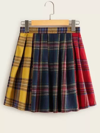 Tartan Color-block Pleated Skirt | SHEIN USA