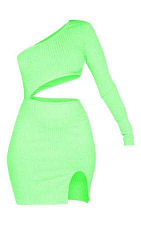 Neon Lime Ribbed Waist Cut Out One Shoulder Dress | PrettyLittleThing