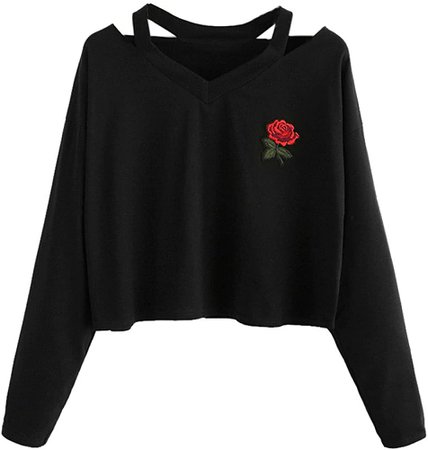 ILUCI Women Teen Girls Tops Hoodie Sweatshirt Rose Print Crop Tops Long Sleeve V Neck Causal Blouse Shirts (W Black, S) at Amazon Women’s Clothing store