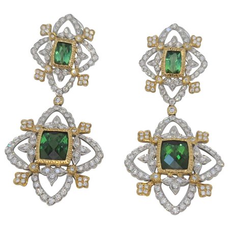 18K WY Gold Diamonds and Green Tourmaline Goddess Drop Dangle Earrings