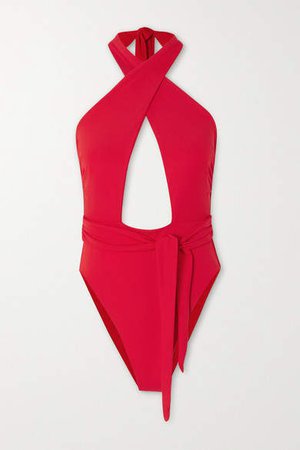 Roni Tie-front Cutout Halterneck Swimsuit - Red
