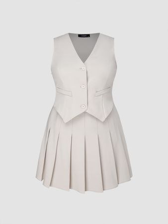 V-neck Button Solid Vest Pleated Mini Dress Curve & Plus - Cider