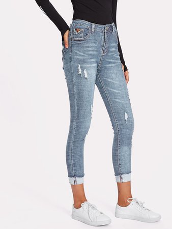 Rolled Hem Ripped Skinny Jeans | ROMWE