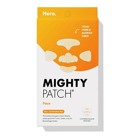 Amazon.com: Mighty Patch Face from Hero Cosmetics - XL Hydrocolloid Face Mask for Acne, 5 Large Pimple Patches for Zit Breakouts on Nose, Chin, Forehead & Cheeks - Vegan-Friendly, Not Tested on Animals (1 Count) : Beauty & Personal Care
