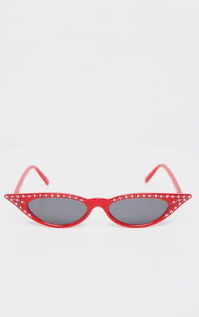Red Diamante Pointy Cat Eye Sunglasses    | PrettyLittleThing